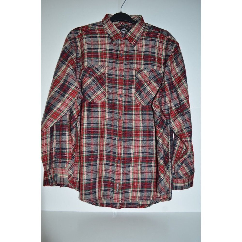 Timberland Men's Shirt Red Plaid Button Up Long Roll Tab Sleeve Shirt Size XL/TG